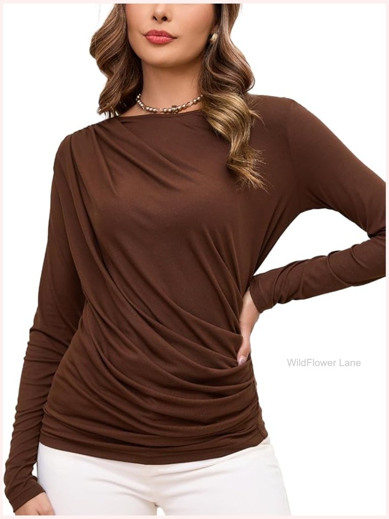 Women Ruched Blouse Long Sleeve Crew Neck Business Casual Work Knit Top